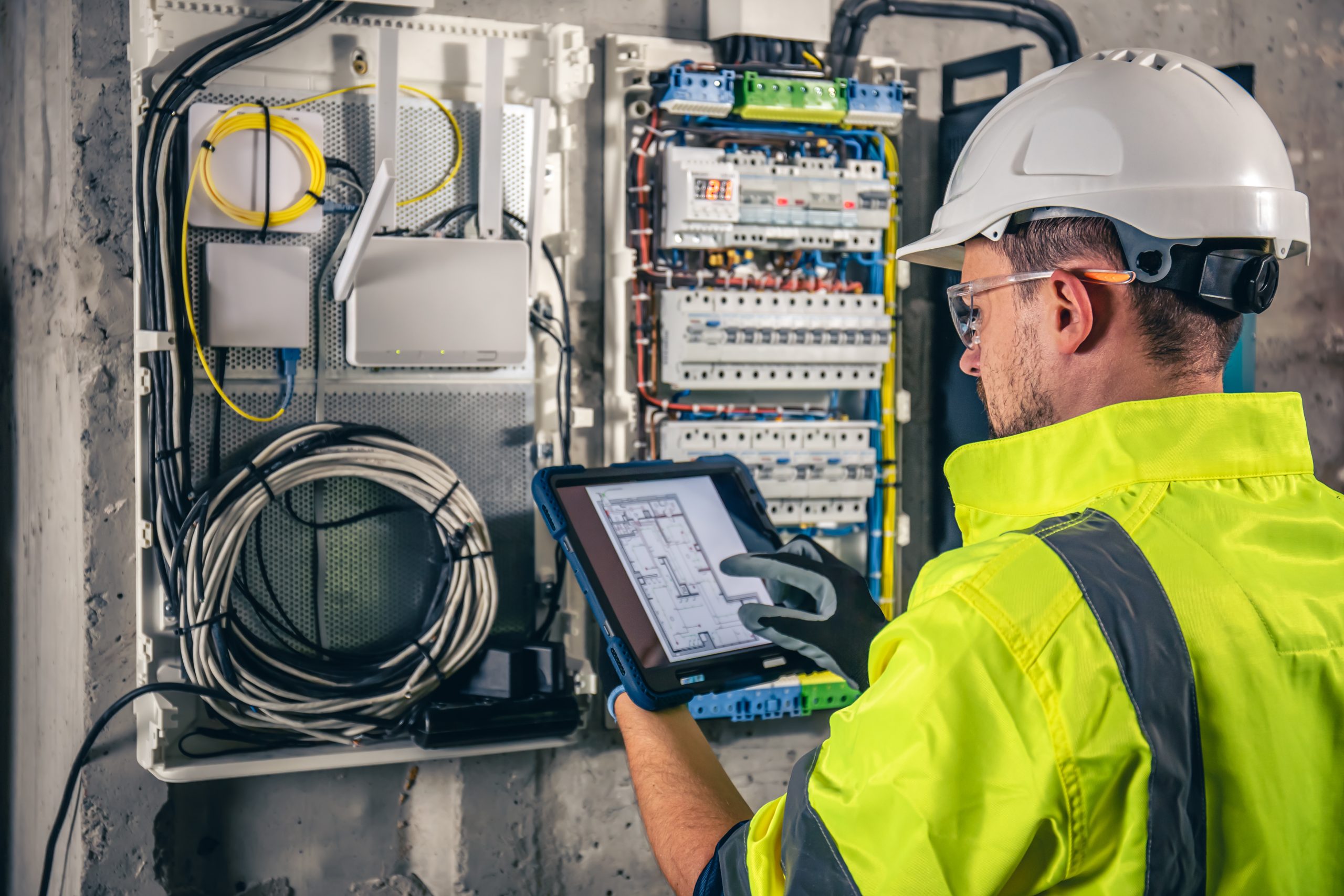 man-an-electrical-technician-working-in-a-switchboard-with-fuses-uses-a-tablet