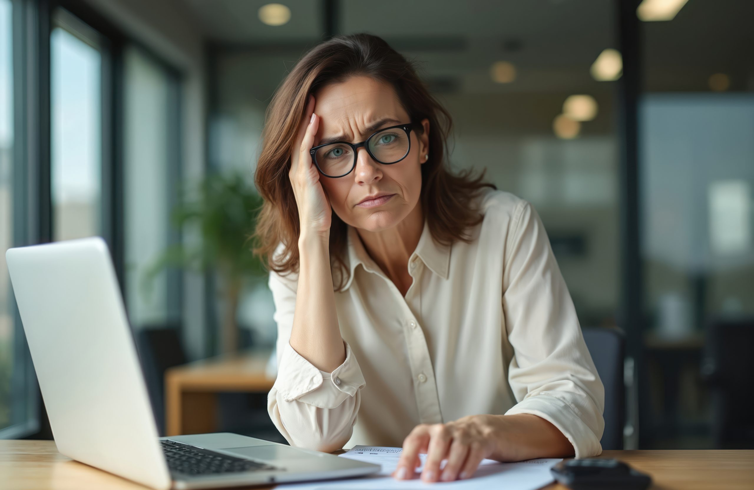 worried-mature-businesswoman-wearing-glasses-headache-at-work-tired-busy-40s-woman-feels-stress-looking-at-laptop-in-office-headache-migraine-financial-problems-mental-burnout-menopause-themes